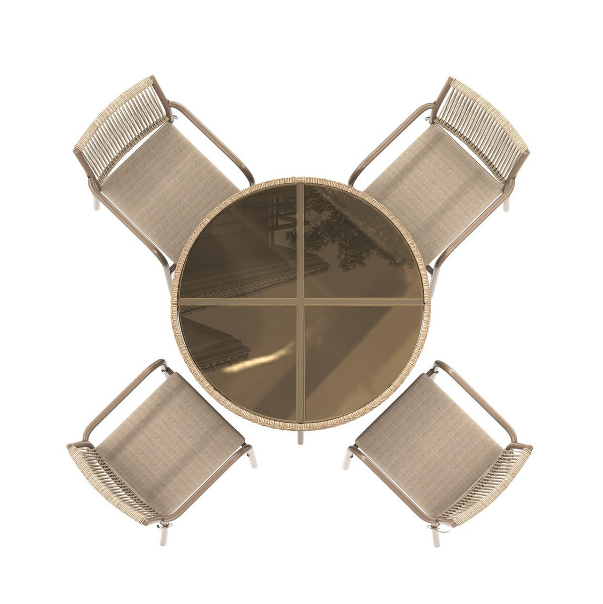 GARTENMÖBEL-SET 110/110/74 cm mit rundem Glastisch, 4 Sesseln und Sitzkissen, Braun - Braun, Metall - Redom