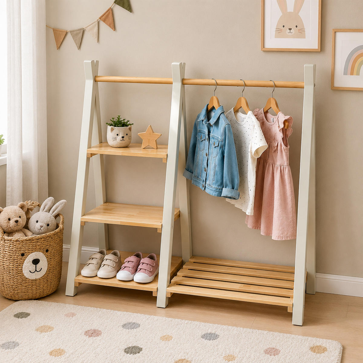 KLEIDERSTÄNDER Natur-Weiß mit Regal Kinder - Hellbraun, Holz (112/111.5/48cm) - Relaxdays