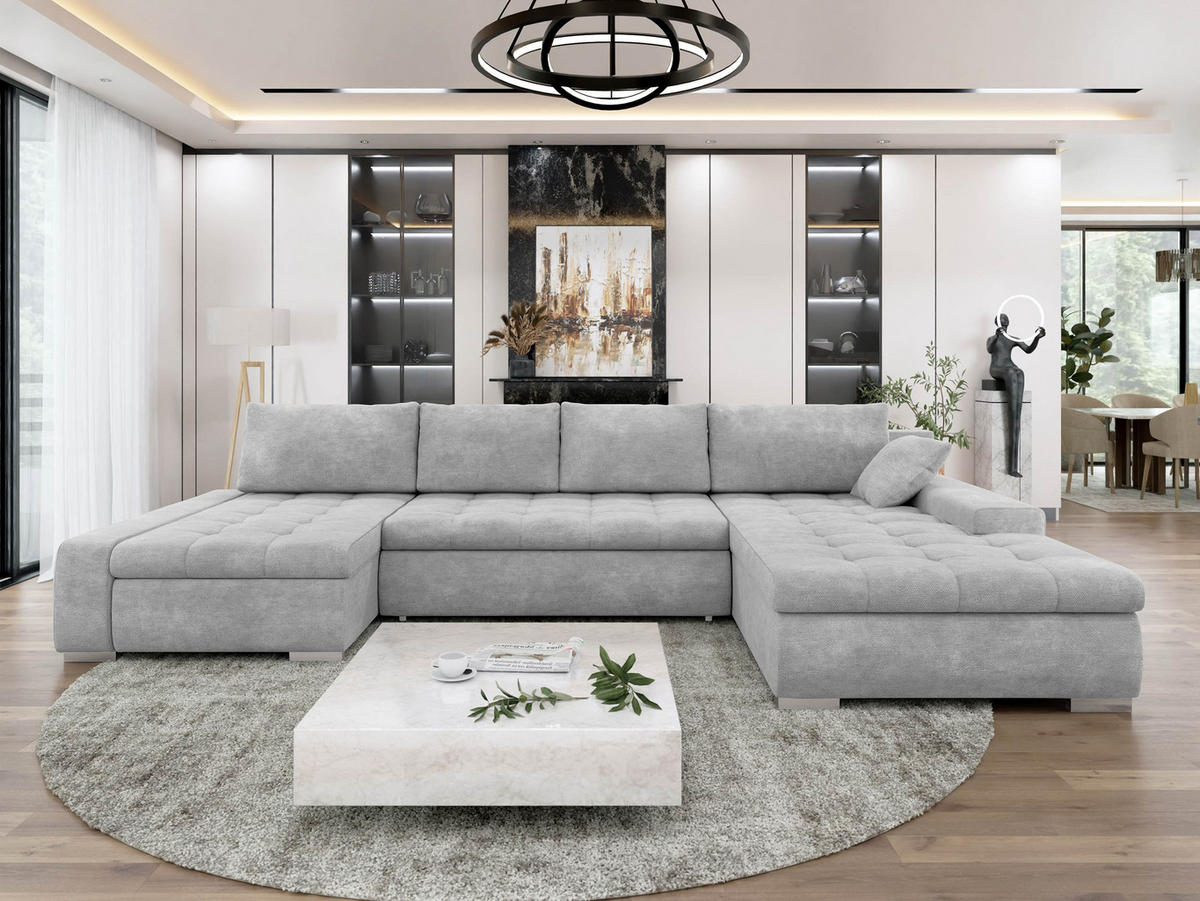 WOHNLANDSCHAFT Caro - Greige/Silberfarben, Holz/Textil (394/80/213cm) - MIRJAN24