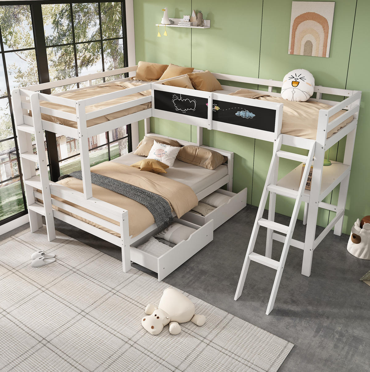 ETAGENBETT 140/200 cm weiß/eichefarben aus Massivholz mit Schreibtisch - Weiß, Holz (140/200cm) - OKWISH
