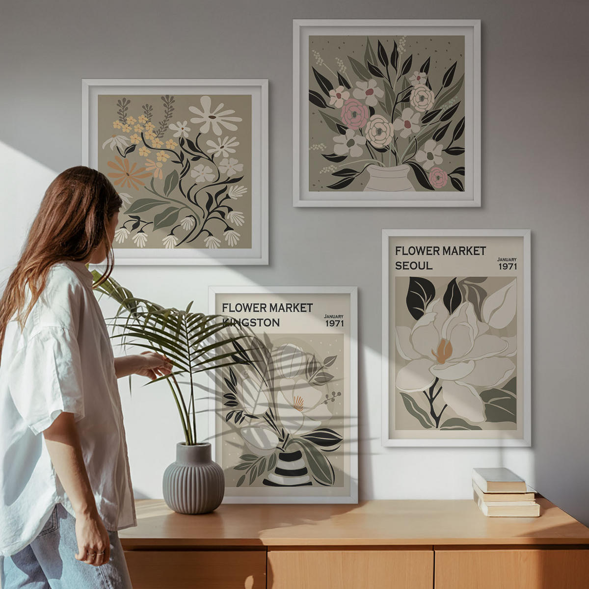 BILDER SET 4er Set - 50x50 cm & 40x60 cm Weißer Rahmen - Retro-Blumen aus Städten rund um die Welt - Weiß, Kunststoff (50/50cm) - TULUP