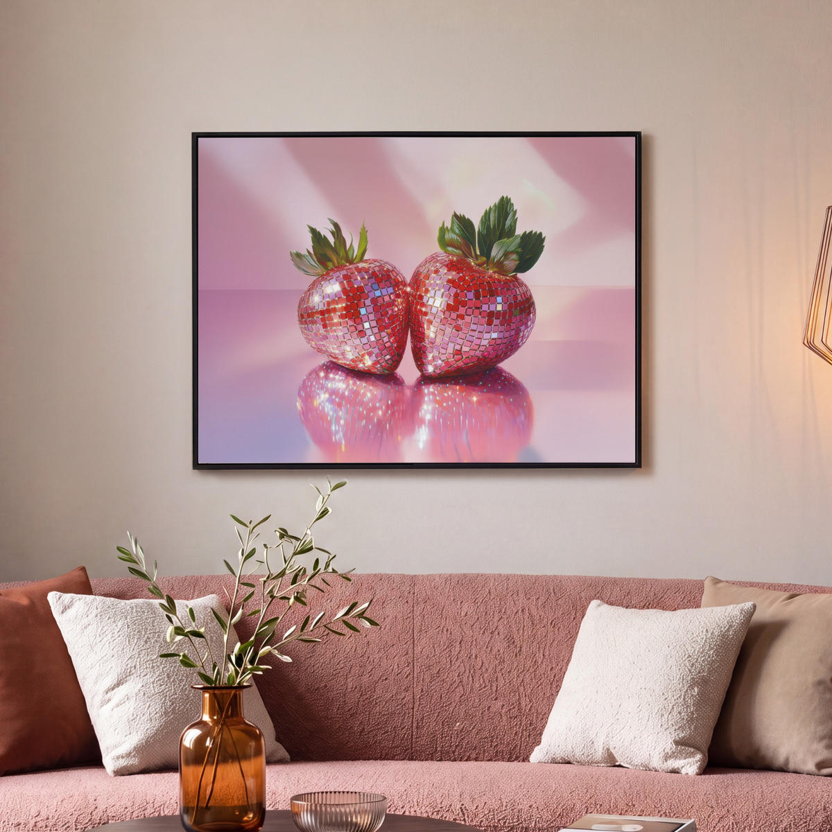 LEINWAND Bilder mit Rahmen - Disco - Obst - Glitzer - Erdbeere - 70x50 - Pink, Textil (70/50cm) - MuchoWow