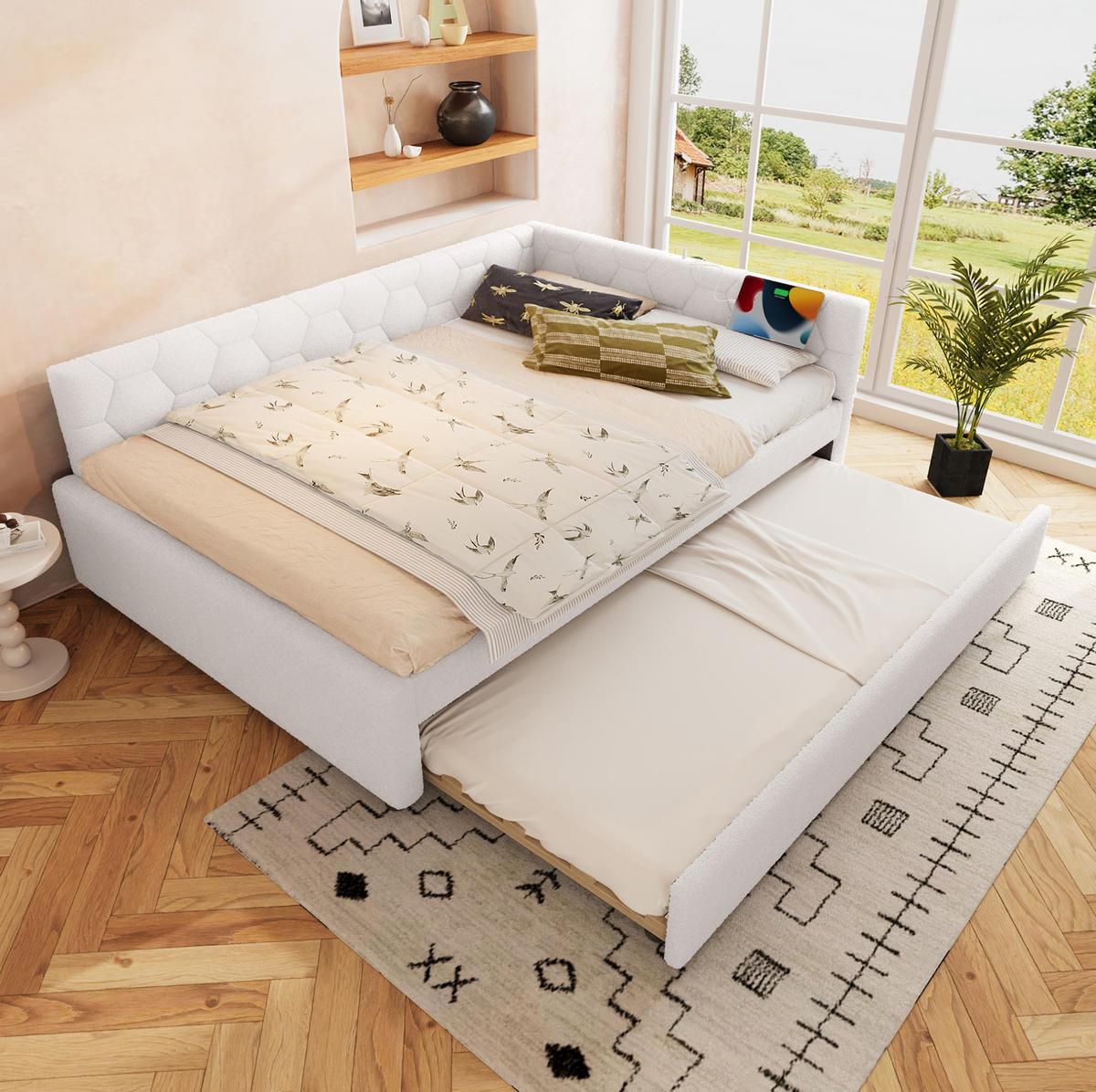 POLSTERBETT 140/200 cm mit Ausziehbett, USB und gepolstertem Kopfteil - Weiß, Textil (140/200cm) - BEAOK