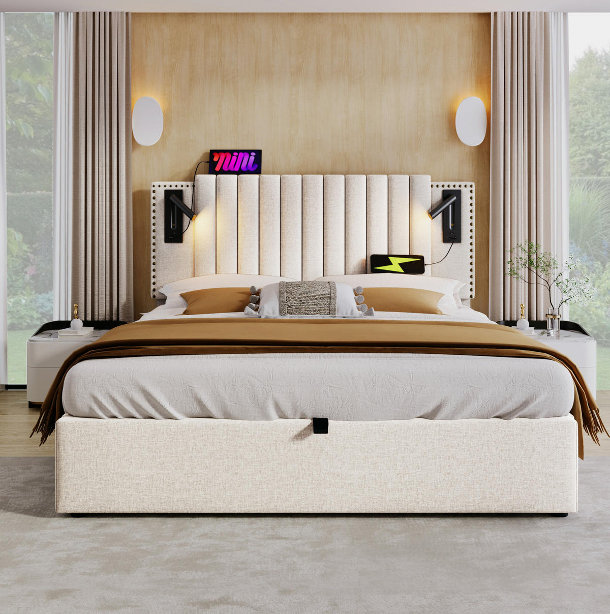 POLSTERBETT 140/200 cm mit Matratze, USB-Typ-C, Leselicht, Bettkasten und verstellbarem Kopfteil, Beige - Beige, Textil (140/200cm) - Redom