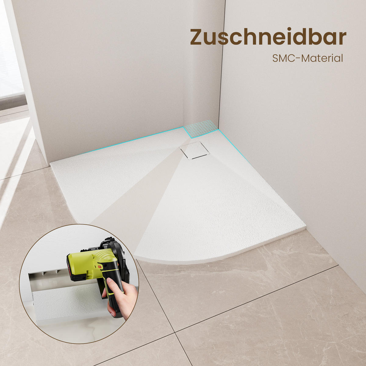 DUSCHWANNE Viertelkreis mit rutschhemmender Oberfläche Weiß 90/90 cm - Weiß, Naturmaterialien (90/2.6/90cm) - EMKE