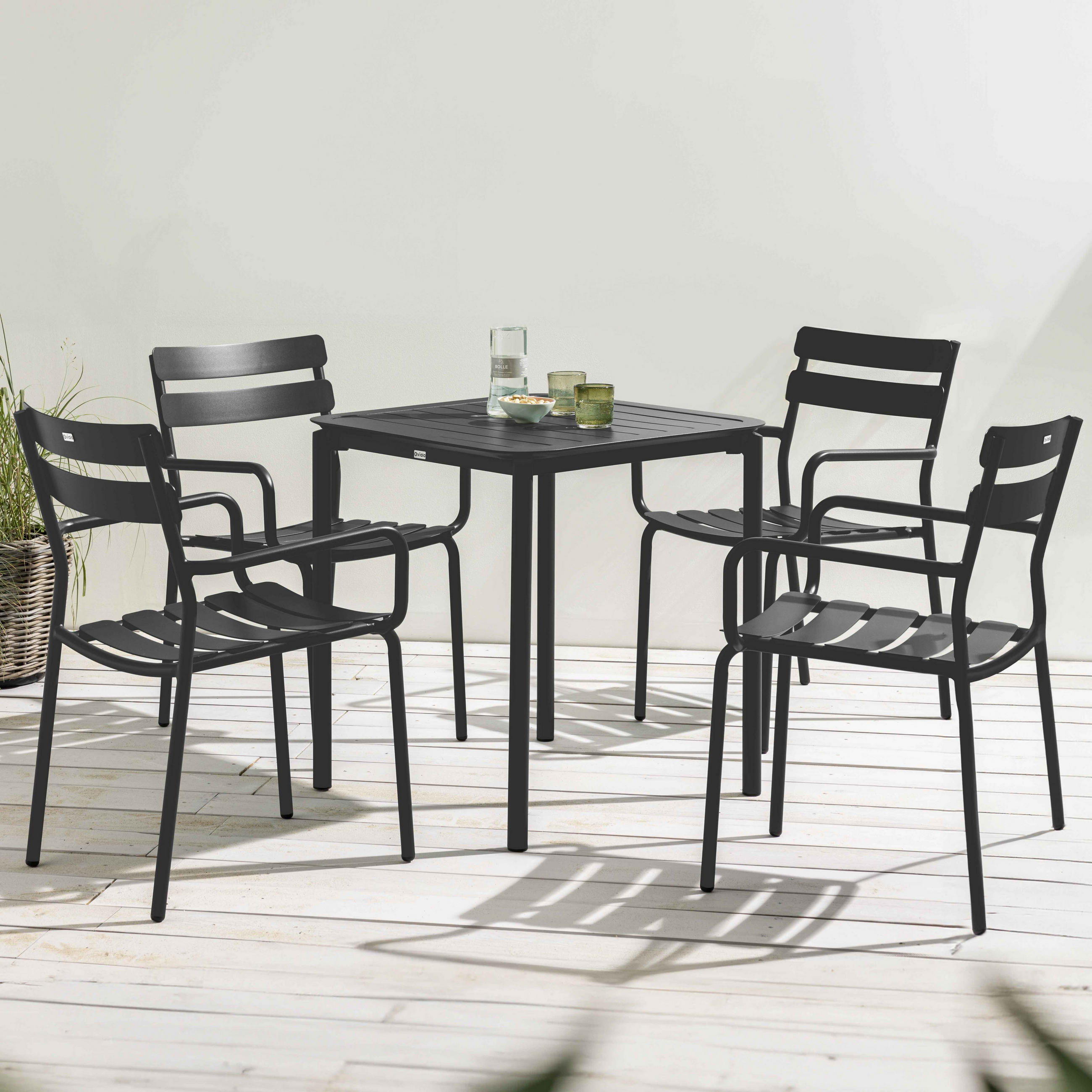 GARTENTISCH quadratisch und 4 Sessel, Schwarz - Schwarz, Metall - Oviala