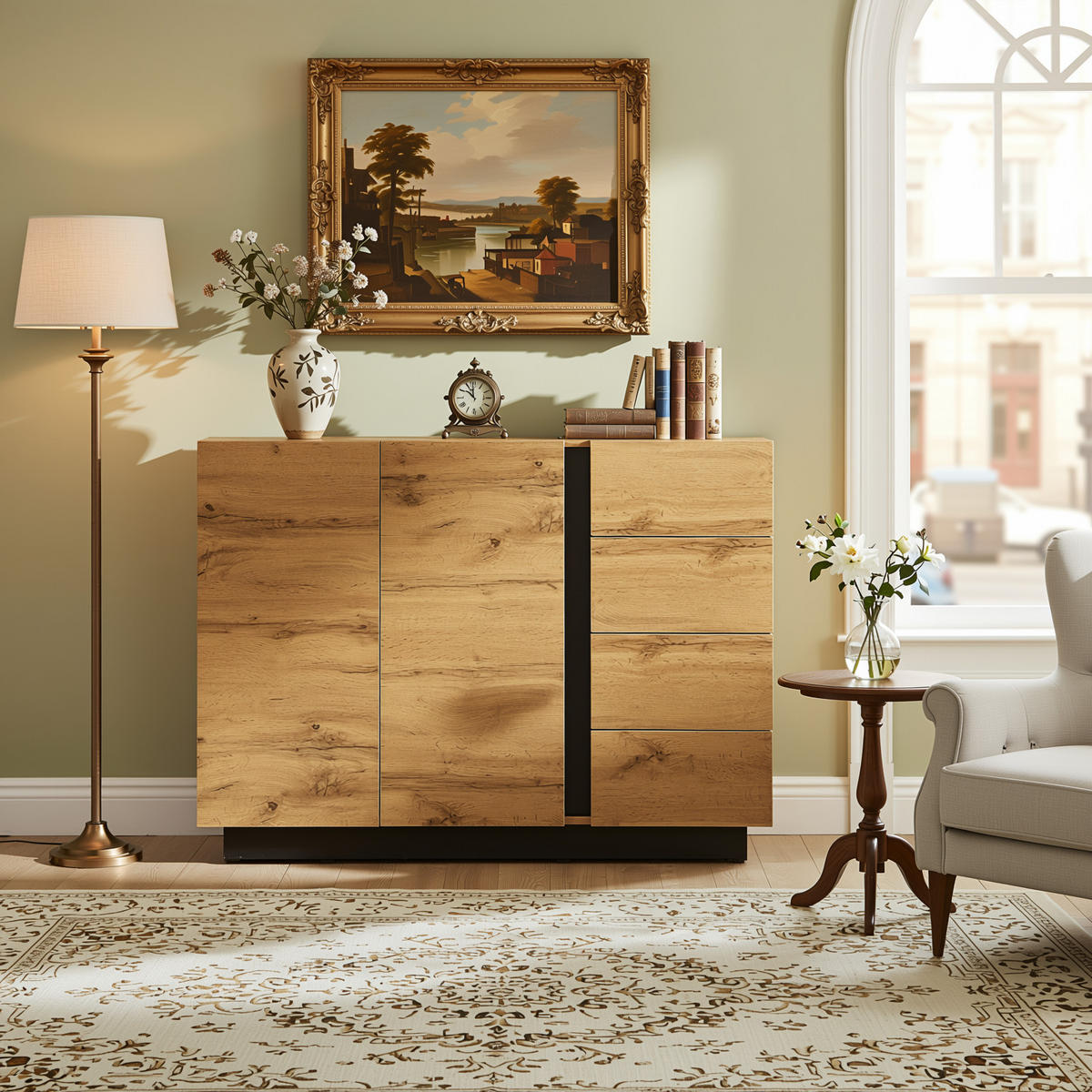 SIDEBOARD 120 cm přírodní dřevo a černá se 4 zásuvkami a 2 dvířky v moderním stylu - přírodní, kompozitní dřevo (120/90.5/35.5cm) - Urban Meuble