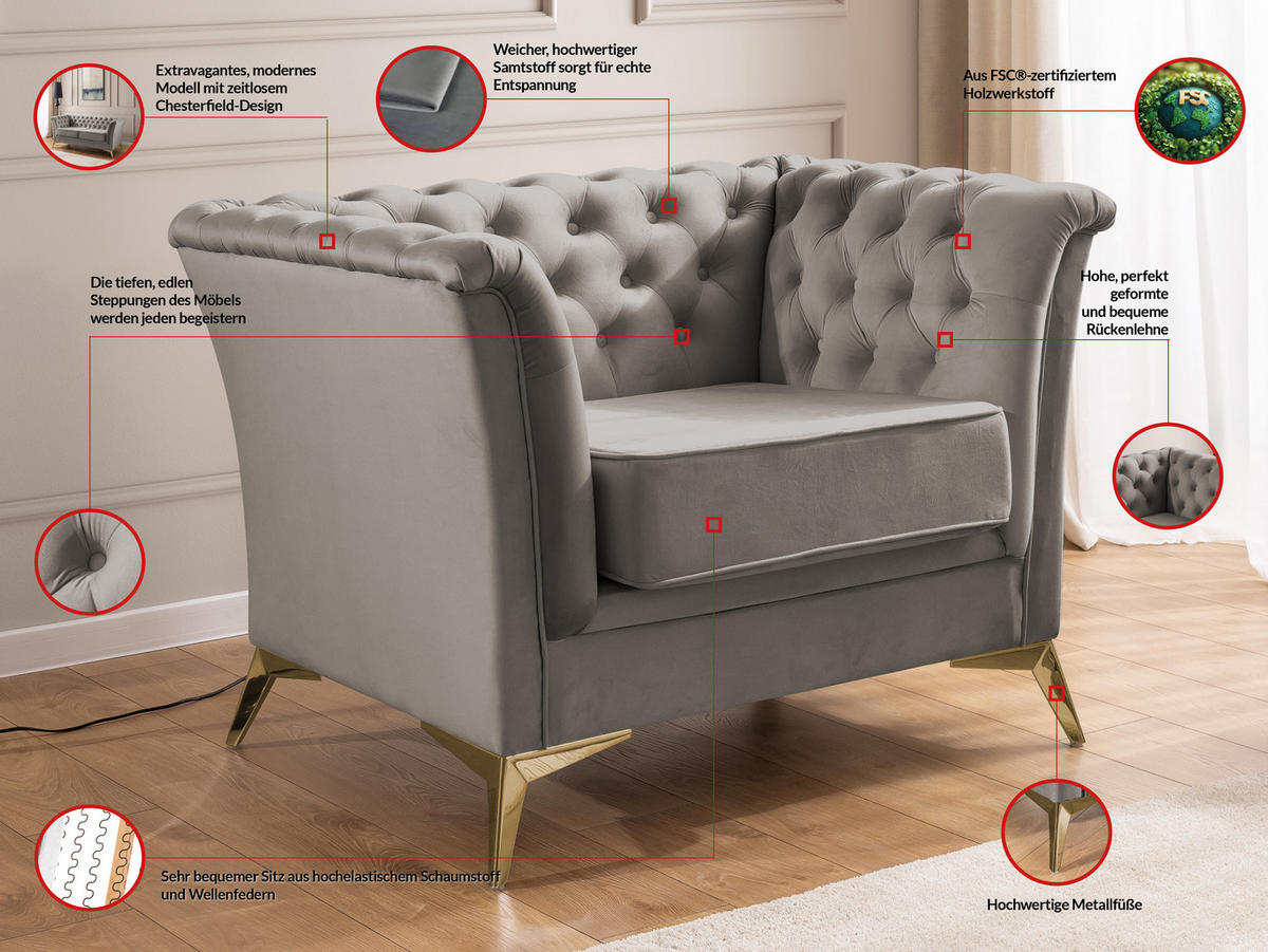 SITZGARNITUR 3+1 Chesterfield Whitby Grau Samt mit goldenen Füßen - Goldfarben/Grau, Holz/Textil (237/78/82cm) - S-Style Möbel