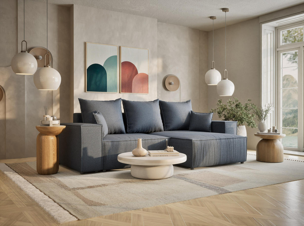 ECKSOFA MIT SCHLAFFUNKTION Moyo Blau Grau Webstoff - Blaugrau/Schwarz, Holz/Holzwerkstoff (255/148cm) - Maison de Reve