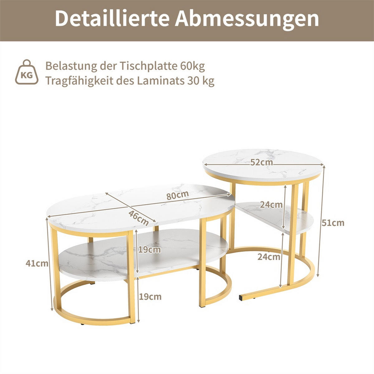 COUCHTISCH 2er-Set - Ovaler und Runder Couchtisch in Marmoroptik mit Ablage - Weiß und Gold - Goldfarben, Holzwerkstoff (46/80/41cm) - DELFA