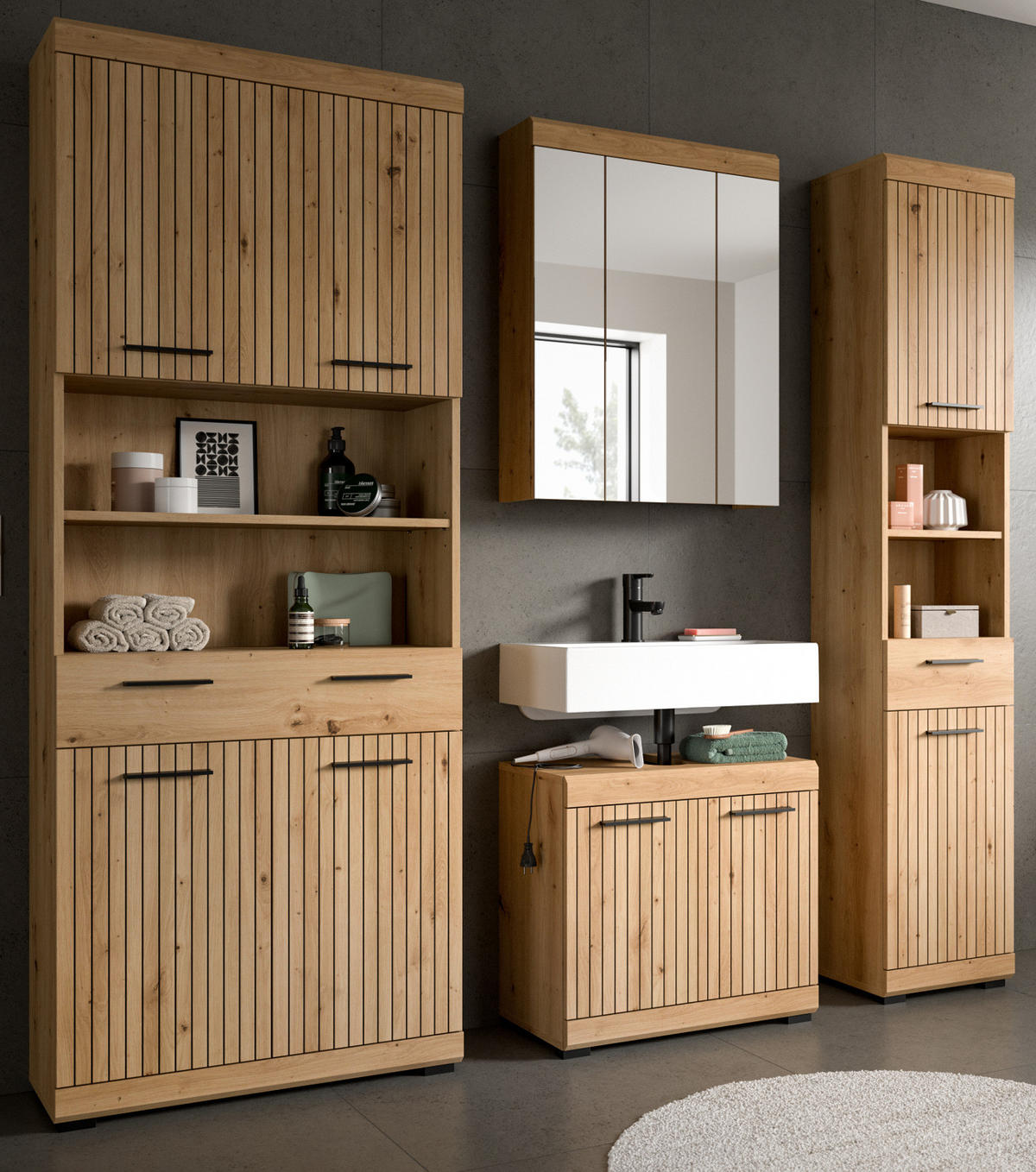 BADMÖBEL-SET Eiche Artisan 200 x 191 cm 4-teilig, Komplettset mit viel Stauraum - Schwarz/Eiche Artisan, Glas/Holzwerkstoff (201/191/34cm) - Inn.Furn