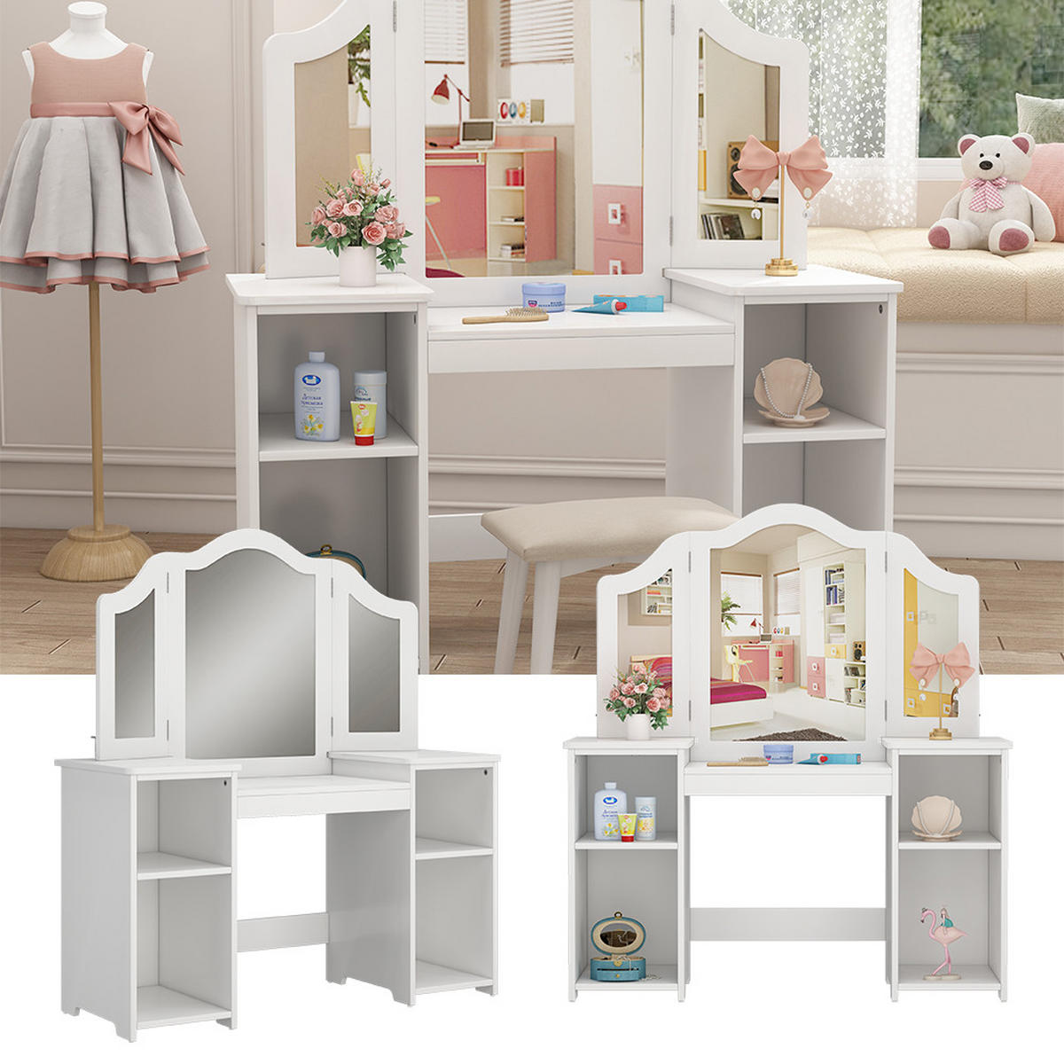 SCHMINKTISCH FÜR KINDER Estella Weiß 105 x 117.9 cm Mit Spiegel - Weiß, Holzwerkstoff (105/117.9/41cm) - Vicco