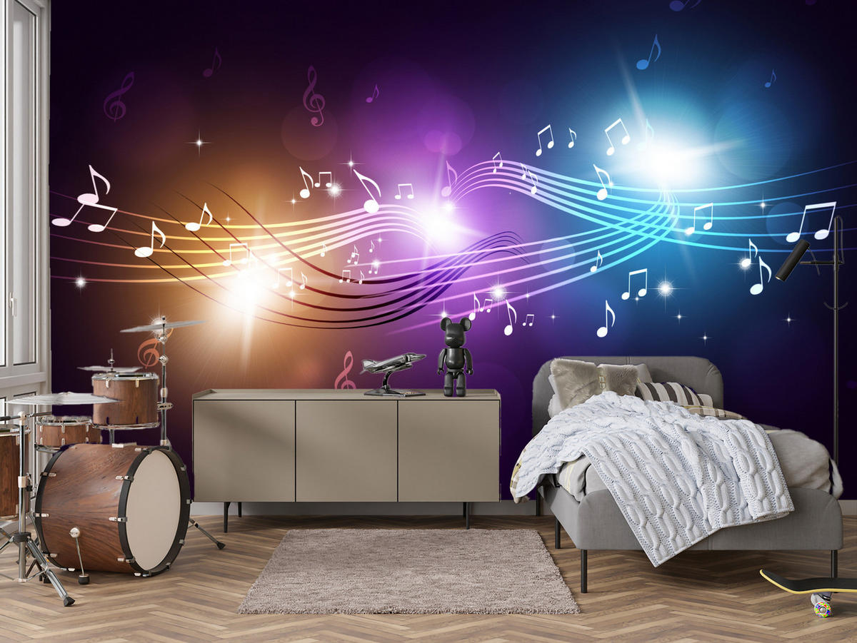 FOTOTAPETE für Jugendzimmer Noten Buntes Hintergrund Musik 500x350 - Blau/Gelb, Papier (500/350cm) - Muralo