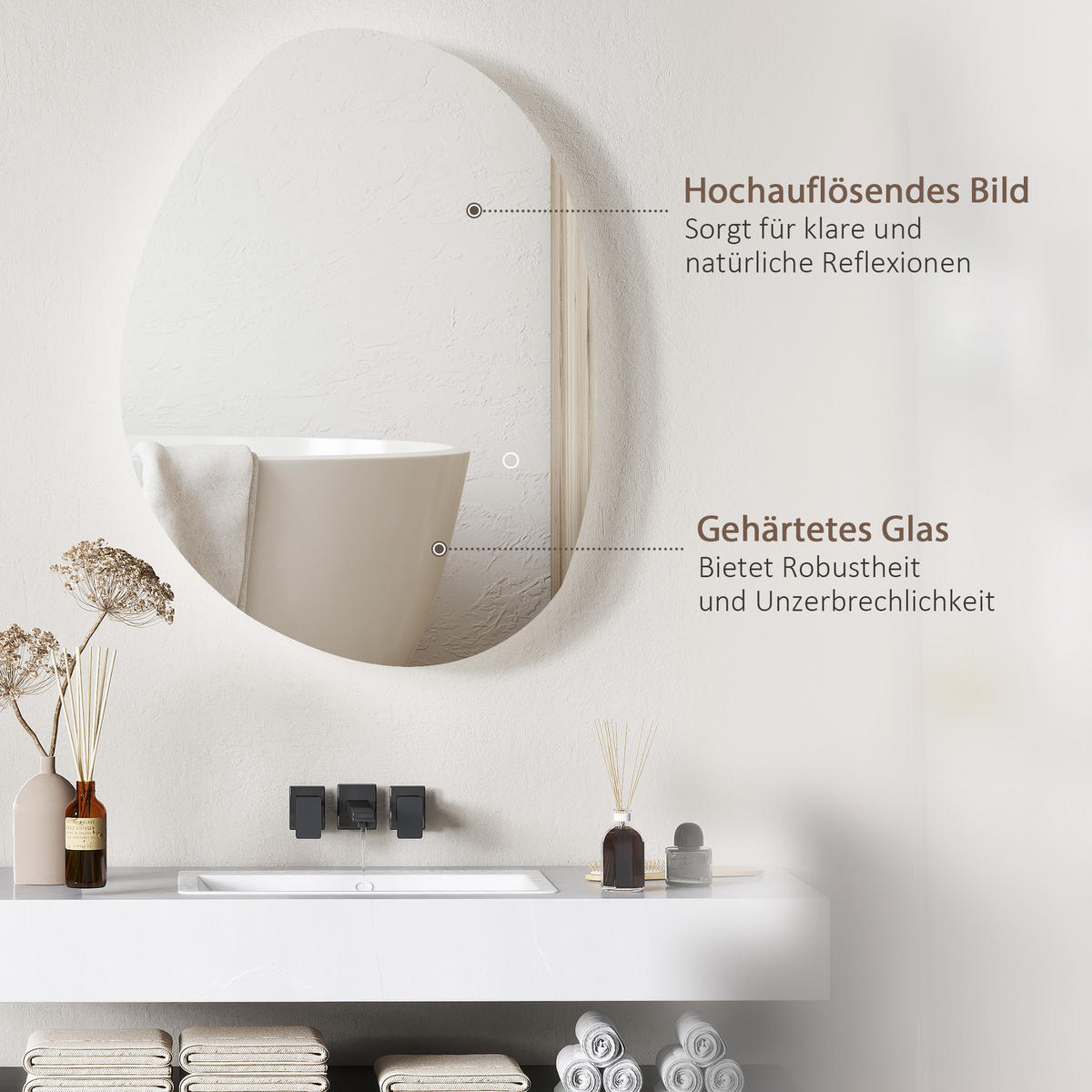BADSPIEGEL mit Beleuchtung 70x50 cm, 3 Lichtfarben - Silberfarben, Glas (70/50/5cm) - HOMCOM