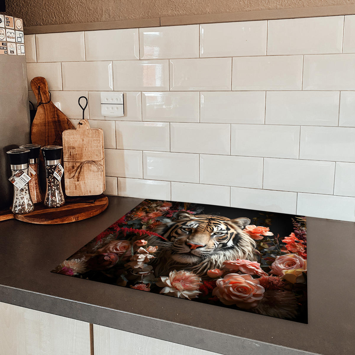 HERDABDECKPLATTE Tiger - Tier - Natur - Floral - Botanisch 58x51 cm - Orange, Kunststoff (58.3/51.3/0.2cm) - MuchoWow