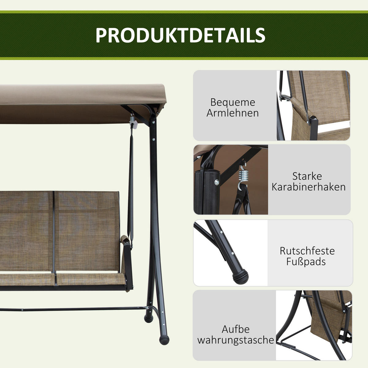 HOLLYWOODSCHAUKEL 3-Sitzer Seitentasche - Braun, Metall (128/172/196cm) - Outsunny