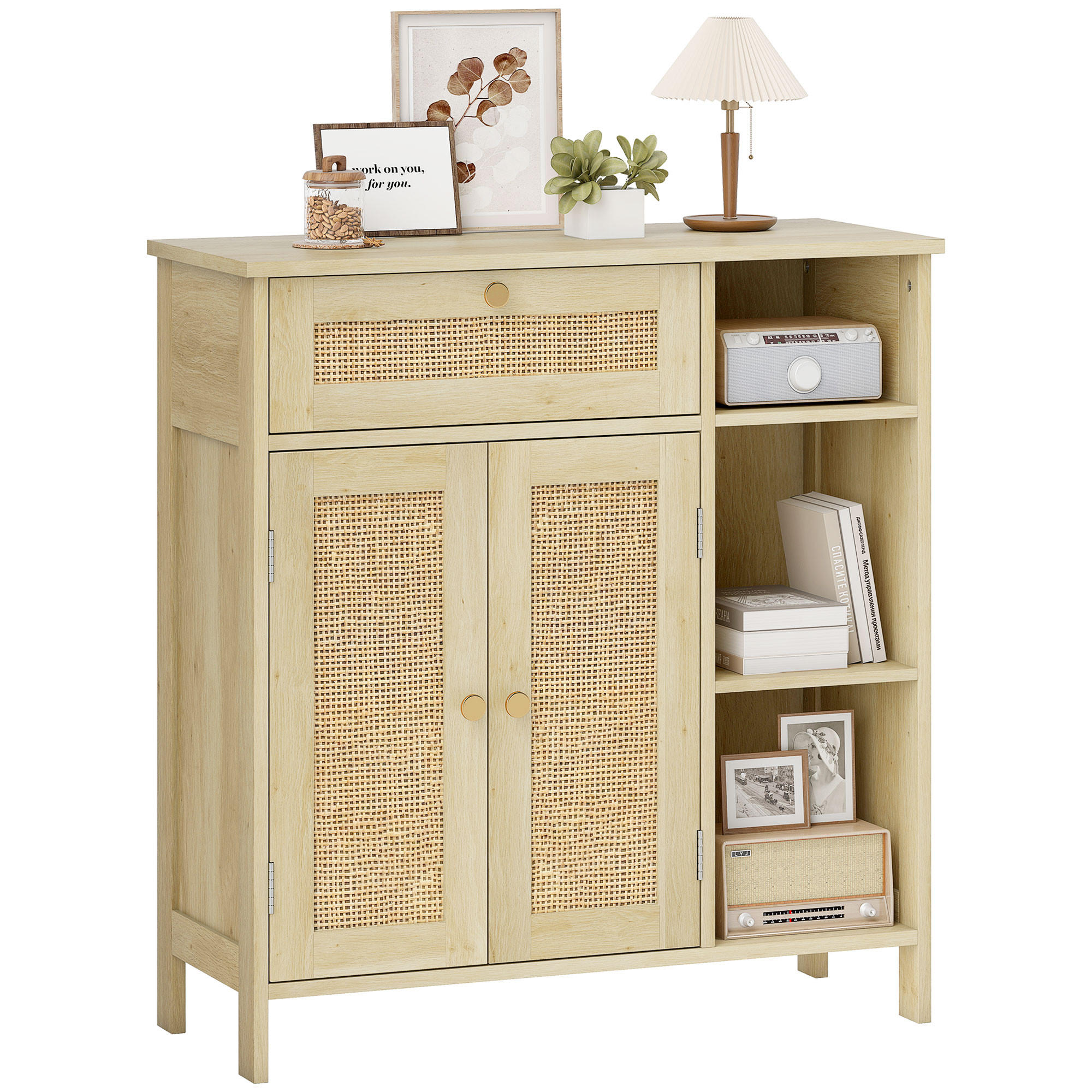SIDEBOARD DE-11221 2 Rotintüren, Schublade Naturholz - Naturfarben, Holzwerkstoff (75/79.5/30cm) - ComfortXL