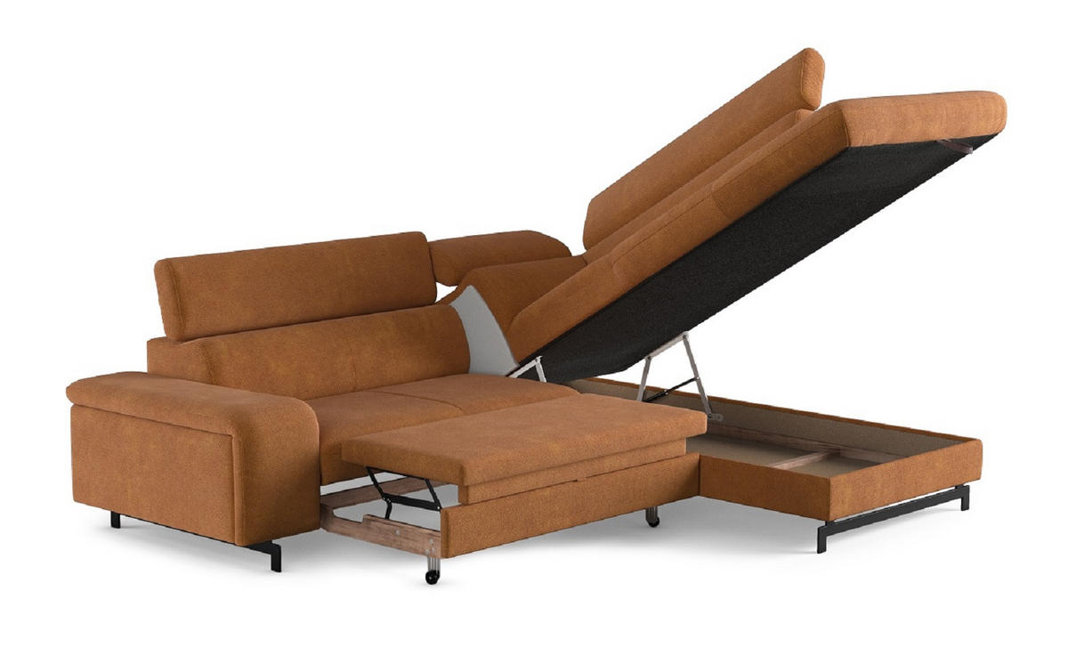 ECKSOFA mit Schlaffunktion und Bettkasten - Cognac/Schwarz, Kunststoff/Textil (215/262cm) - Cotta