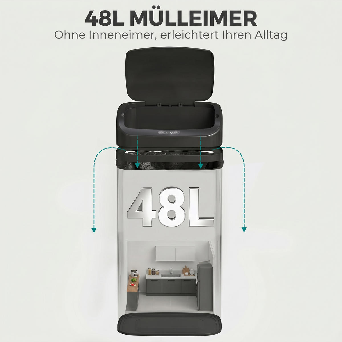 NEREZOVÝ odpadkový koš o objemu 48 l se senzorem a automatickým zavíráním - černá, kov (25/69/33cm) - HOMCOM