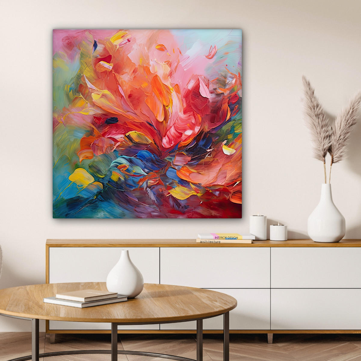 LEINWANDBILD Ölgemälde - Kunst - Abstrakt - Farbenfroh 90x90 cm - Altrosa, Textil (90/90cm) - MuchoWow