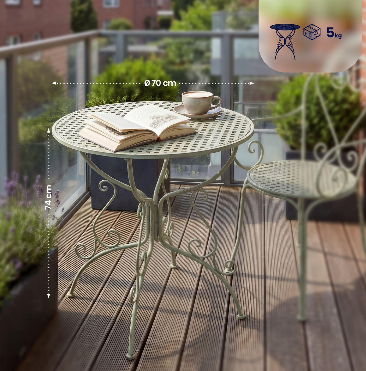 GARTENBEISTELLTISCH rund Ø70 cm Metall Antik-Grün - Grün, Metall (70/70/74cm) - CLP