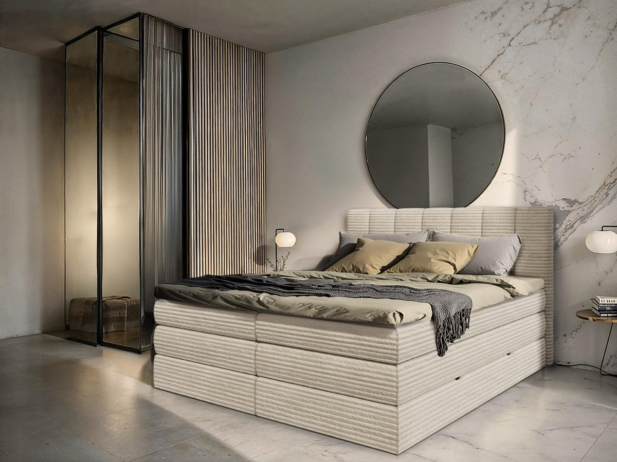 BOXSPRINGBETT Traum 180x200 – in Beige, mit Bettkasten und Gasdruckfedern - Beige, Textil (180/200cm)