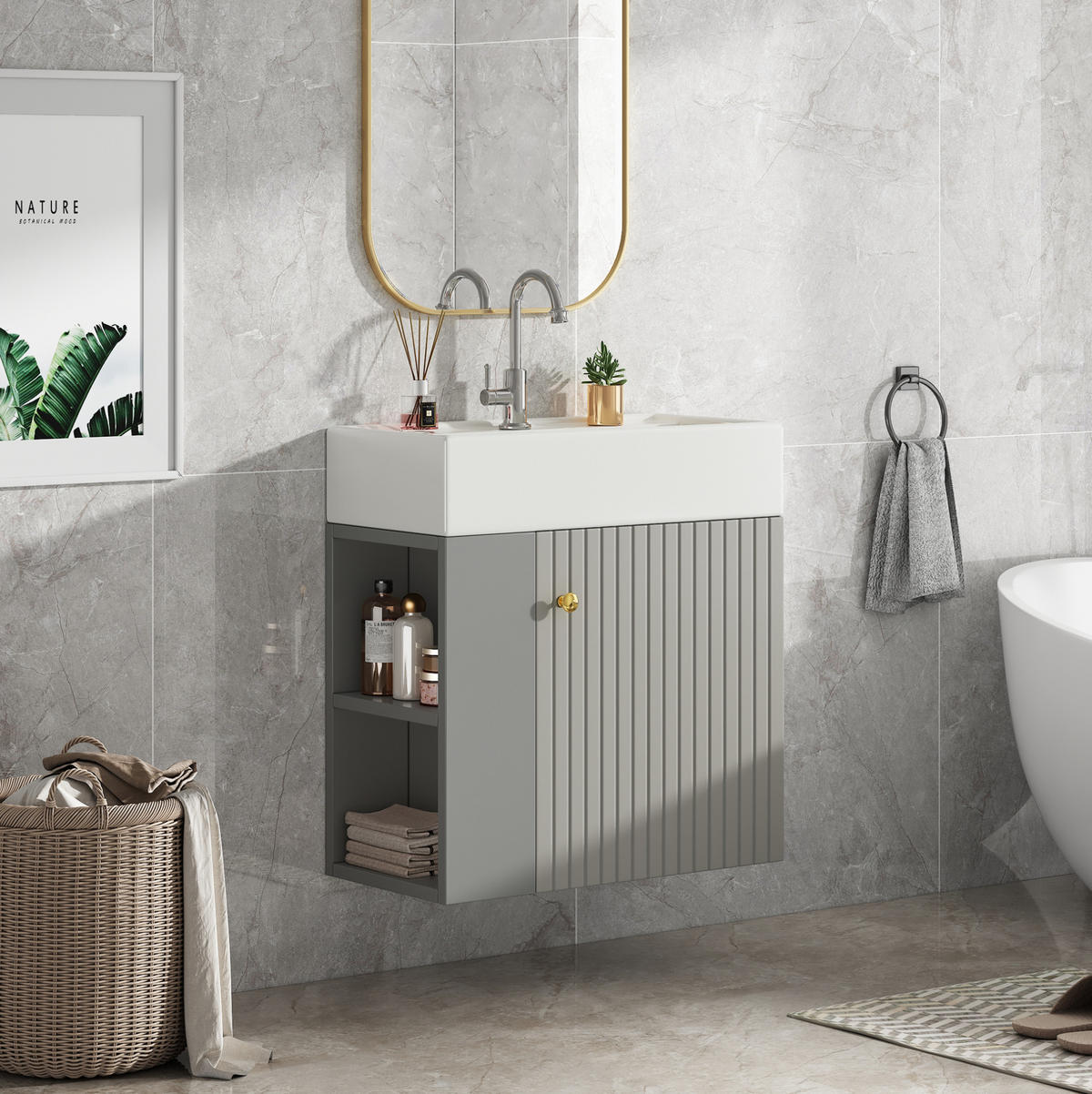 BADEZIMMERSCHRANK 55x31x66.5 cm Grau & Weiß aus Kunststoff mit Keramikbecken & 3D-Paneel - Grau, Holzwerkstoff (55/66.5/31cm) - Modfu
