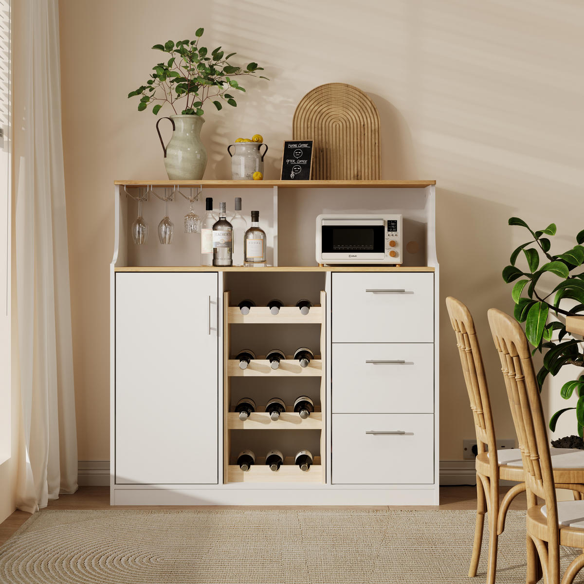 SIDEBOARD aus MDF 120x40x121 cm Weiß/Natur mit LED-Beleuchtung, Steckdose, Weinregal und Gläserhalter - Weiß, Holzwerkstoff (120/121/40cm) - Modfu