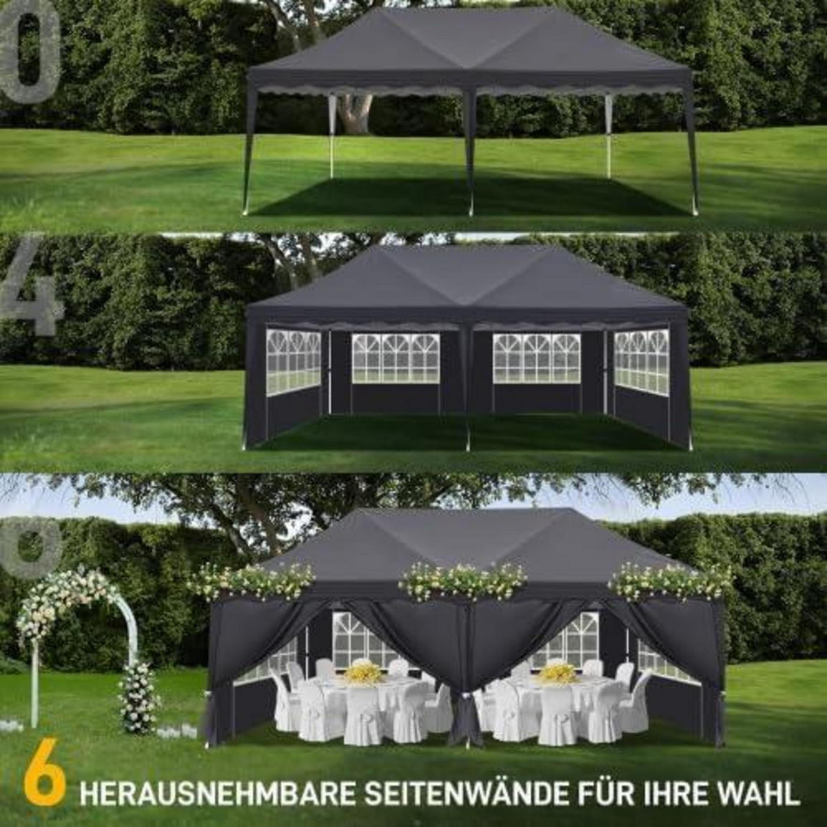 GARTENPAVILLON 3x6m höhenverstellbar wasserdicht mit 6 Seitenteilen dunkelgrau - Anthrazit, Textil (300/255/600cm)