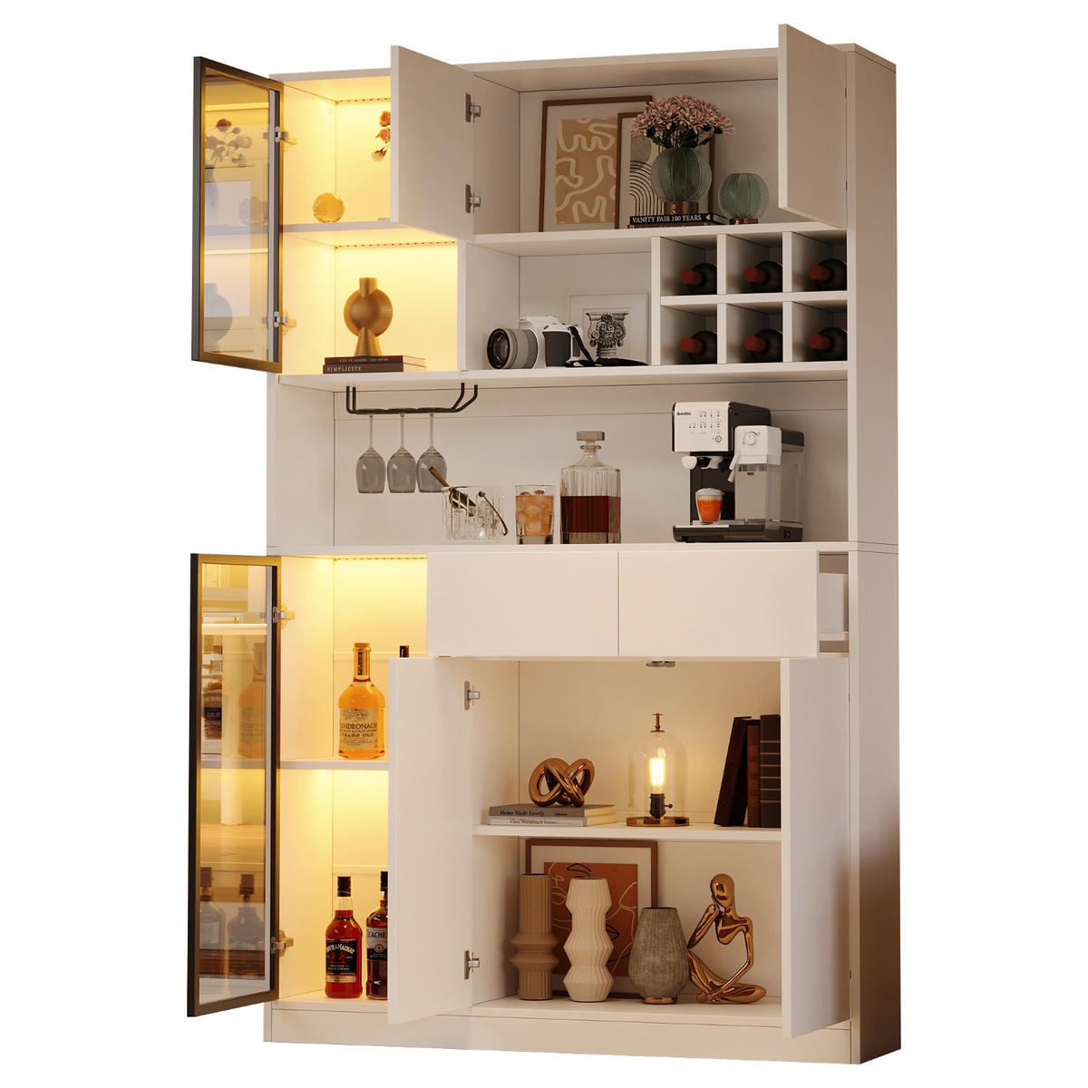 KÜCHENSCHRANK Vitrine weiß mit LED, 120/200/33 cm, Spanplatte und Glas, Weiß, MIT LED-BELEUCHTUNG, für Wohnbereich - Weiß, Holzwerkstoff (33/200/120cm) - Rolipo
