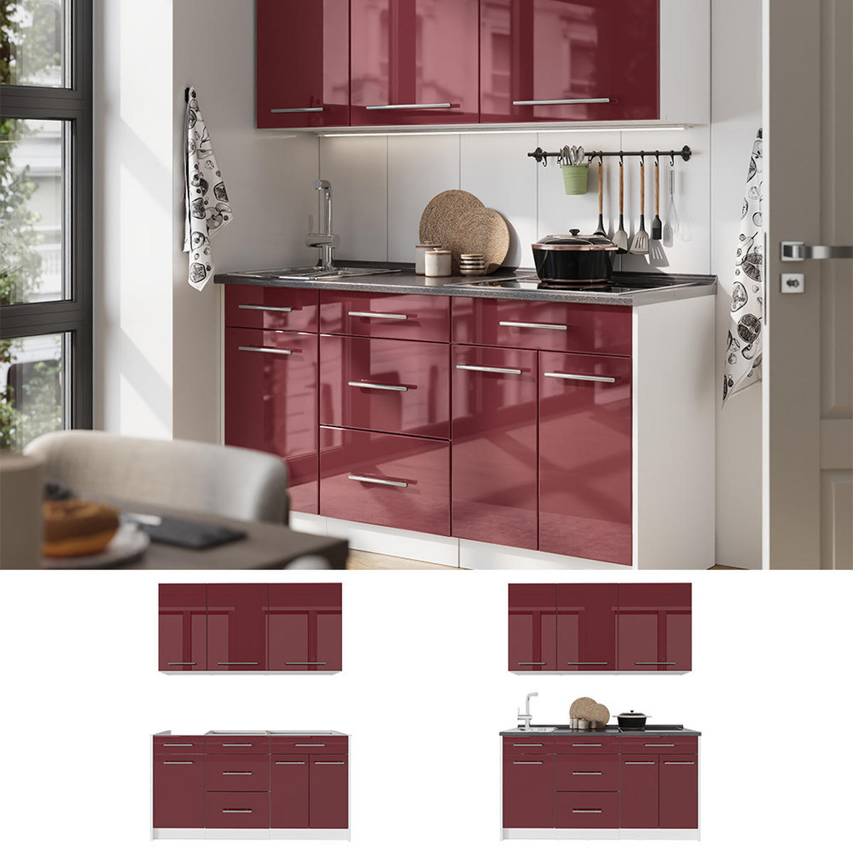 SINGLEKÜCHE Fame-Line, Bordeaux Hochglanz/Weiß, 150 cm, AP Eiche - Bordeaux/Weiß, Holzwerkstoff (150/82/60cm) - Vicco