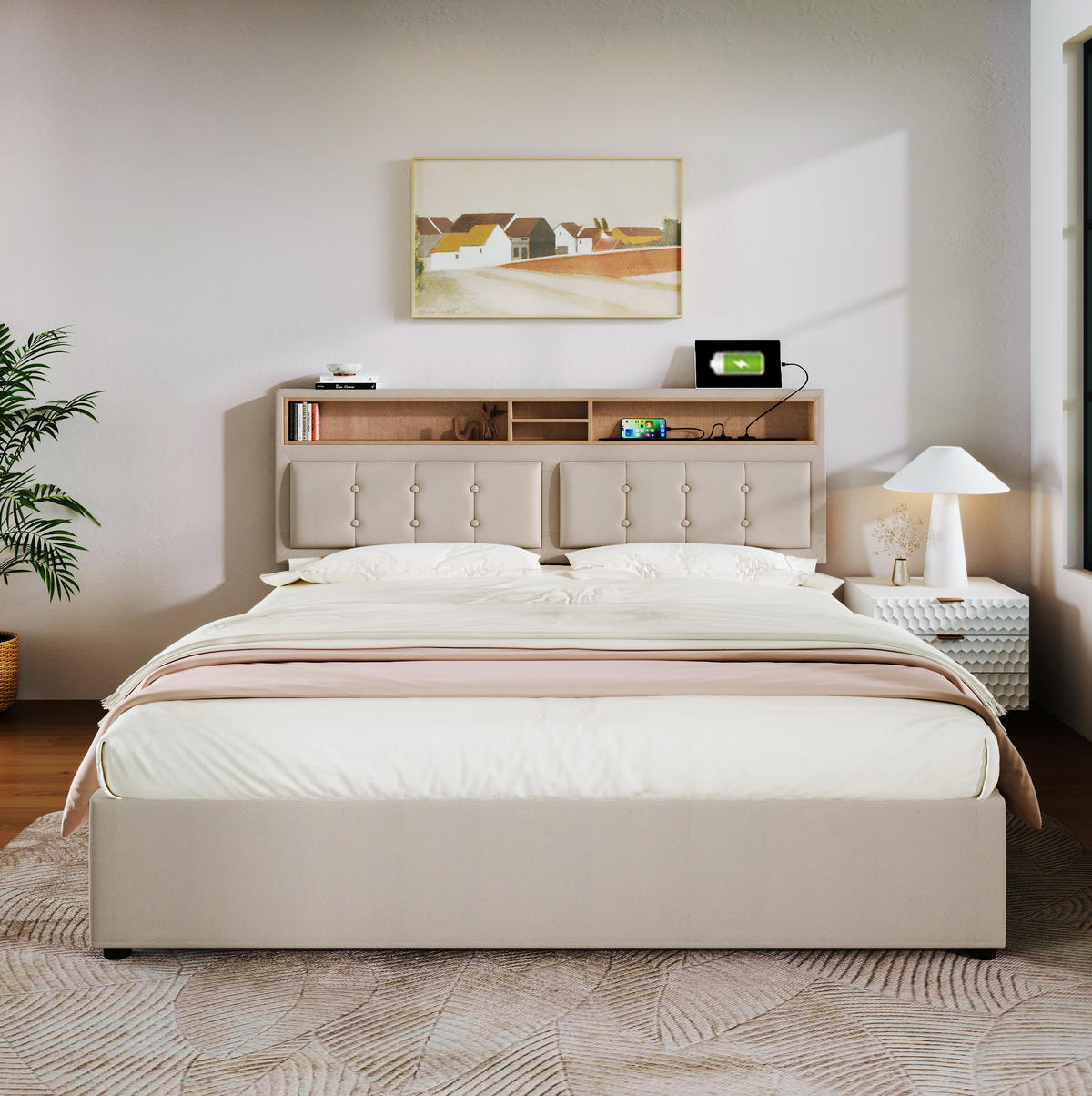 POLSTERBETT 140/200 cm Beige mit Stauraum, Matratze und USB- und Type-C-Anschlüssen - Beige, Textil (140/200cm) - Flora Grace