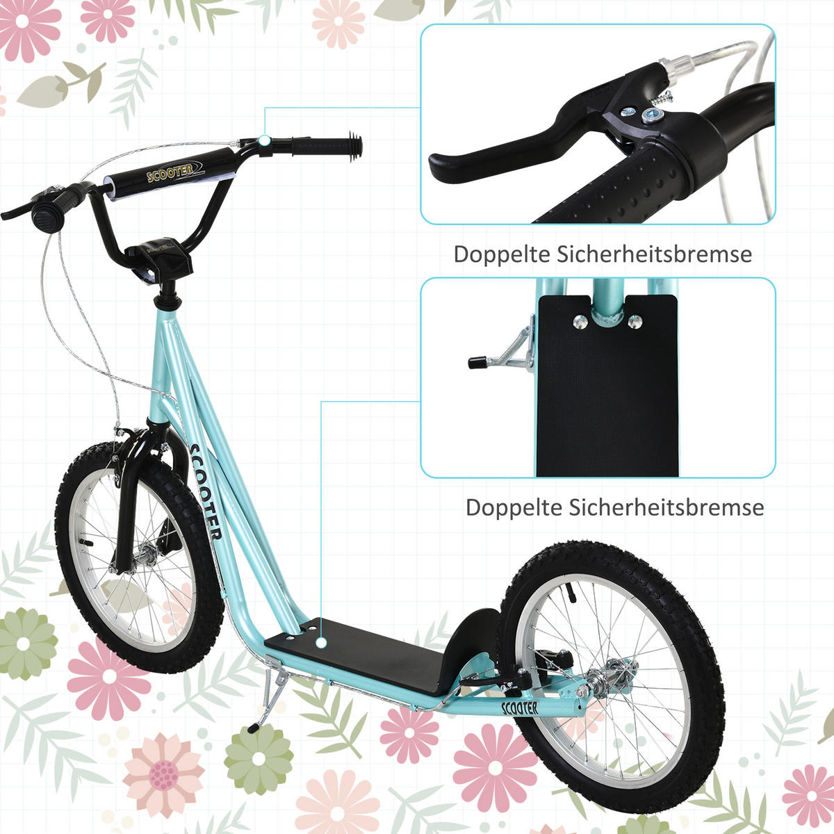 TRETROLLER Scooter Cityroller Kinder Luftreifen Roller verstellbar Alu Hellblau - Blau, Metall (139/58/96cm) - HOMCOM