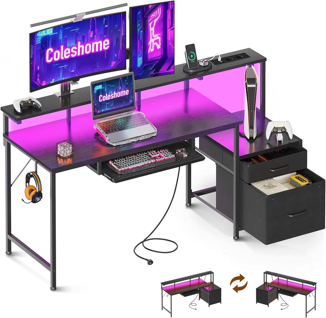 COMPUTERTISCH mit LED 140×48 cm Schwarz - Schwarz, Holz (140/48/75.7cm) - Kaket