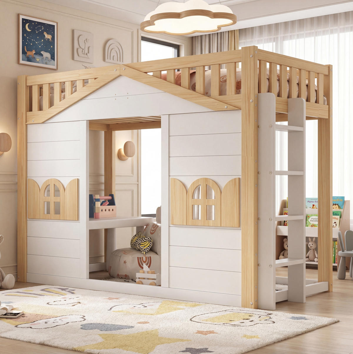 HOCHBETT 90/200 cm Weiß mit Fenster und Leiter ohne Matratze - Weiß, Holz (90/200cm) - MIVRAY