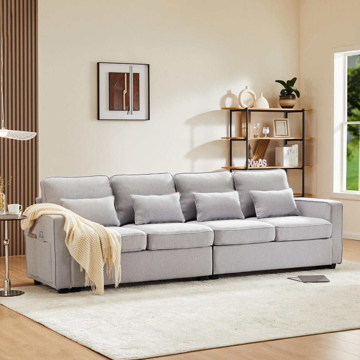 SOFA 4-Sitzer Leinenstoff Armlehnentaschen & 4 Kissen Modern Grau - Grau, Holz (71/27.5/55.5cm) - FLIEKS