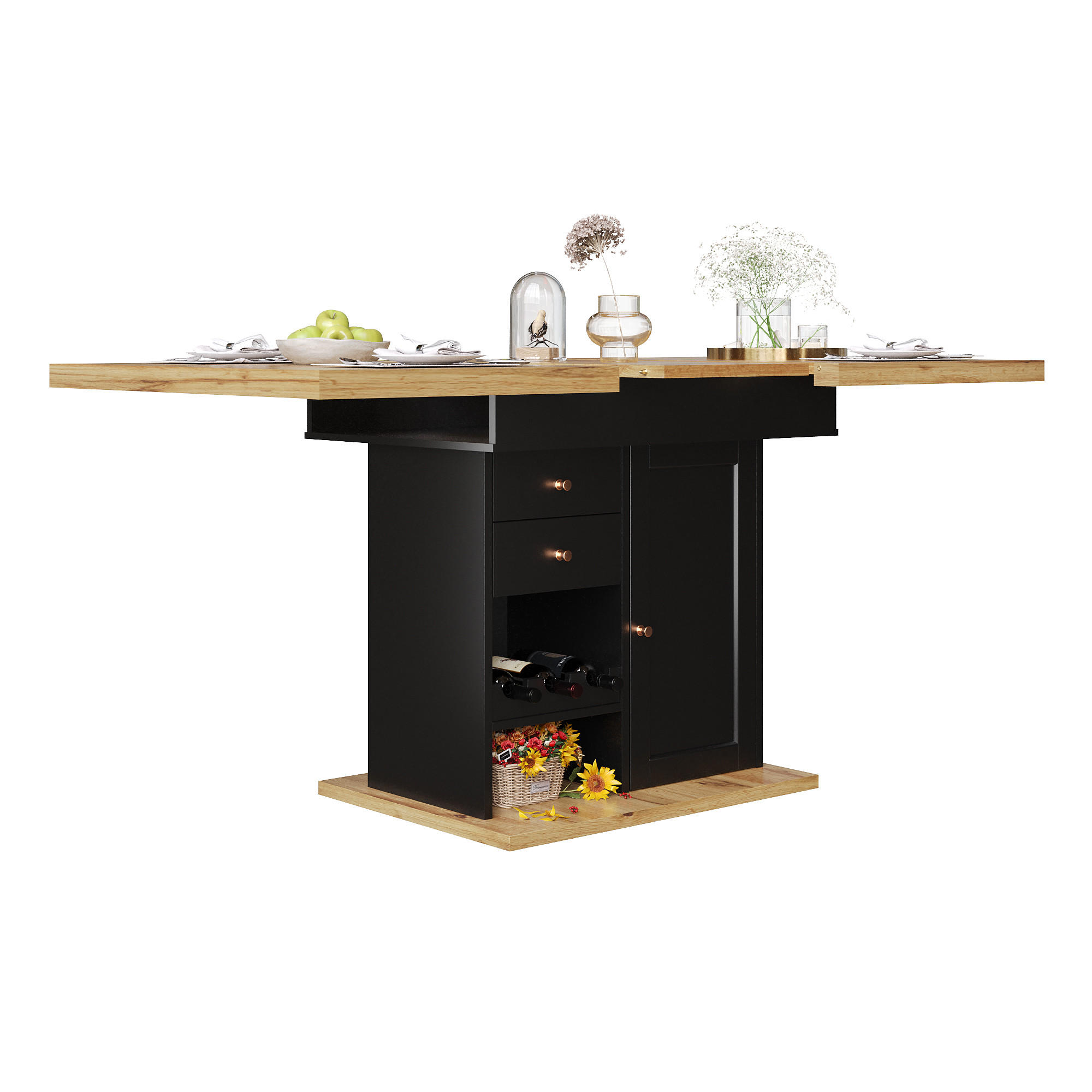 ESSTISCH ausziehbar 110-140/80/75 cm mit Snack- & Weinregal DE-39734 Schwarz - Schwarz, Holzwerkstoff (80/110/75cm) - ComfortXL