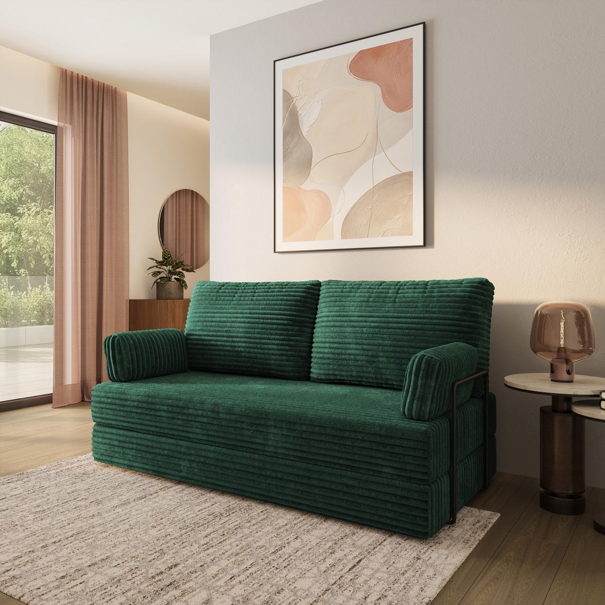 POHOVKA z pěny SILAR s kovovým rámem Manšestrová látka Lahvově zelená - tmavě zelená/zelená barva, textil (170/86/80cm) - MASSENO