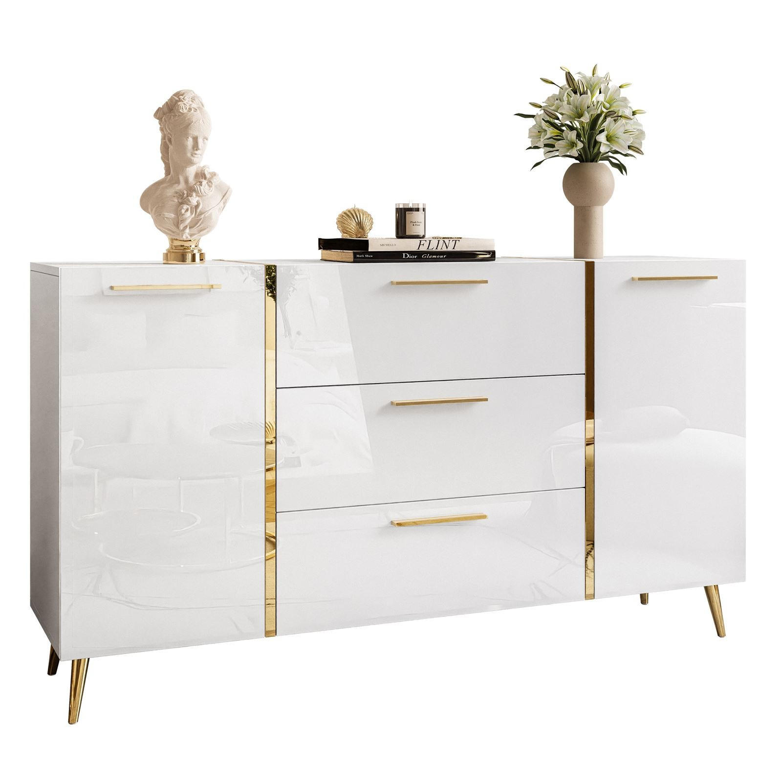 SIDEBOARDS MIT SCHUBLADEN ONYX AUF GOLDENEN BEINEN HOCHGLANZ 158 CM - Weiß, Holzwerkstoff (158/88/41.3cm) - Lookway