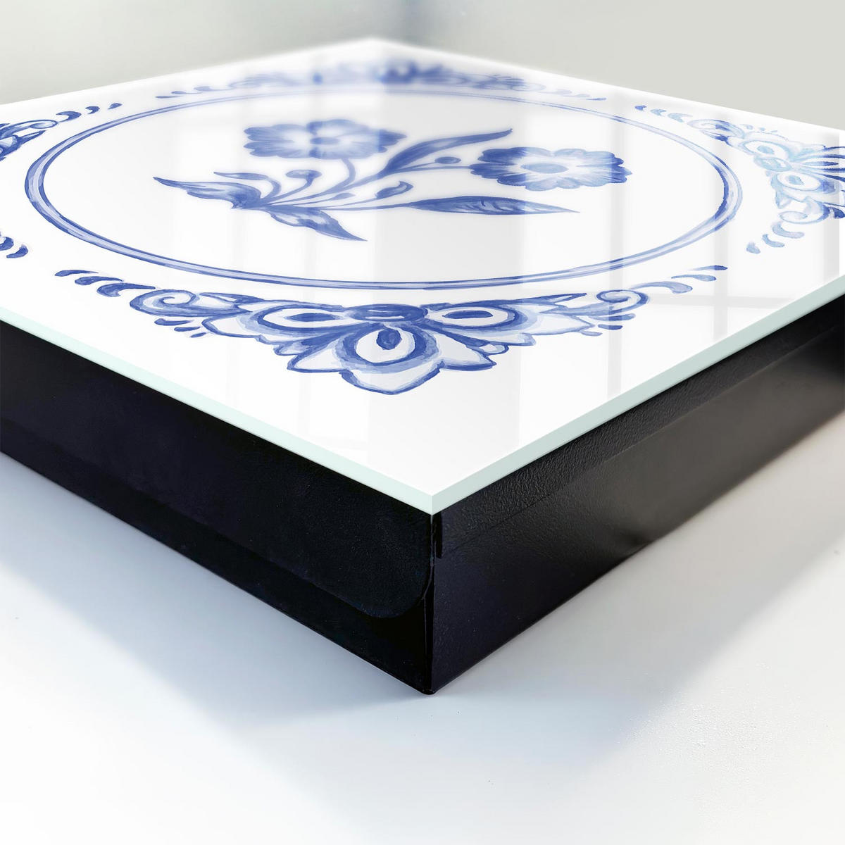 SCHLÜSSELBOX Schwarz 30x30 cm- Türöffnung nach rechts - Blaue Blumen - Blau, Metall (30/30/5cm) - TULUP