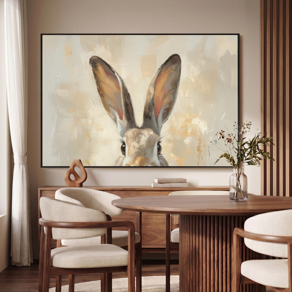LEINWAND Bilder mit Rahmen - Hase - Ohren - Braun - 150x100 - Beige, Textil (150/100cm) - MuchoWow