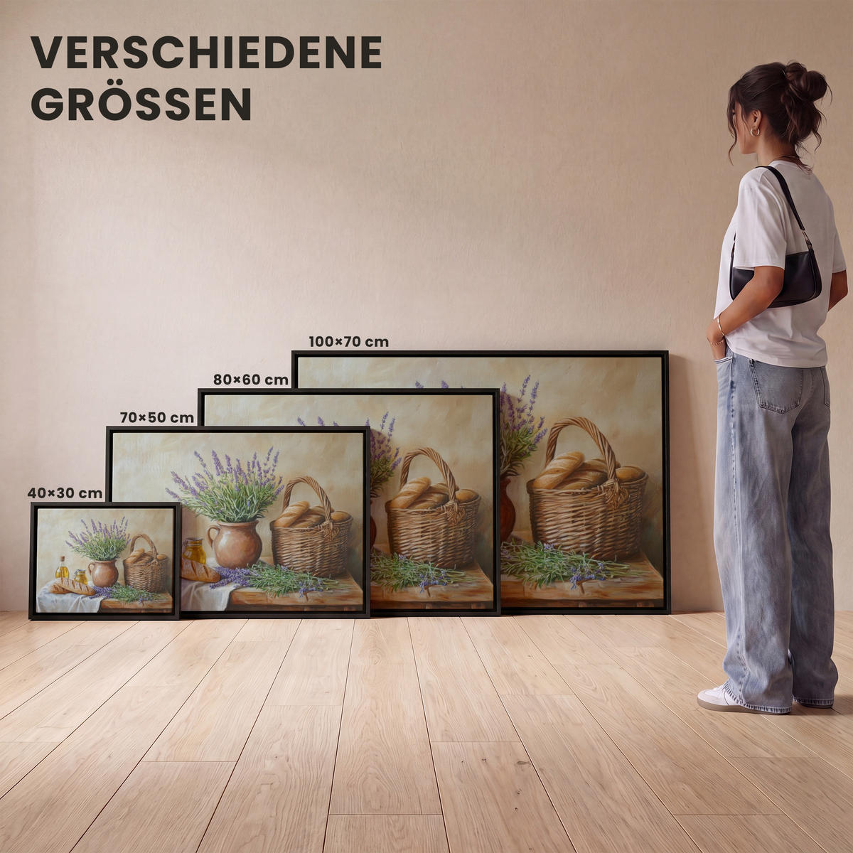 LEINWAND Bilder mit Rahmen - Lavendel - Brot - Stilleben - 100x70 - Flieder, Textil (100/70cm) - MuchoWow