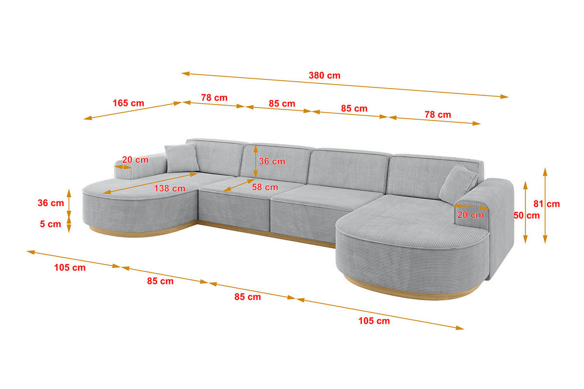 WOHNLANDSCHAFT MARI-U2-v2 - 388x171x83 cm Grau Cord - Grau, Holzwerkstoff/Textil (388/83/171cm) - ALTDECOR