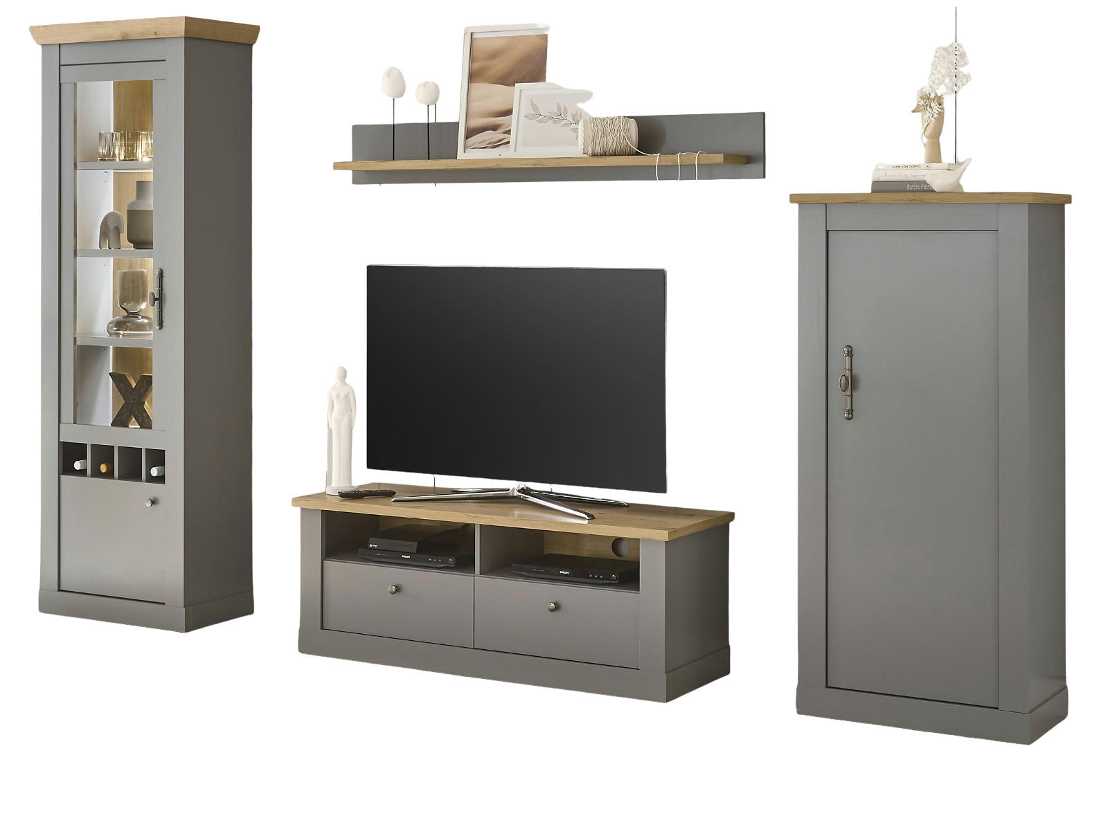 WOHNWAND grau, Artisan Eiche 4-teilig 291 cm, Wohnkombination im Landhaus-Stil - Silberfarben/Hellgrau, Glas/Holzwerkstoff (291/201/44cm) - Furn.Design