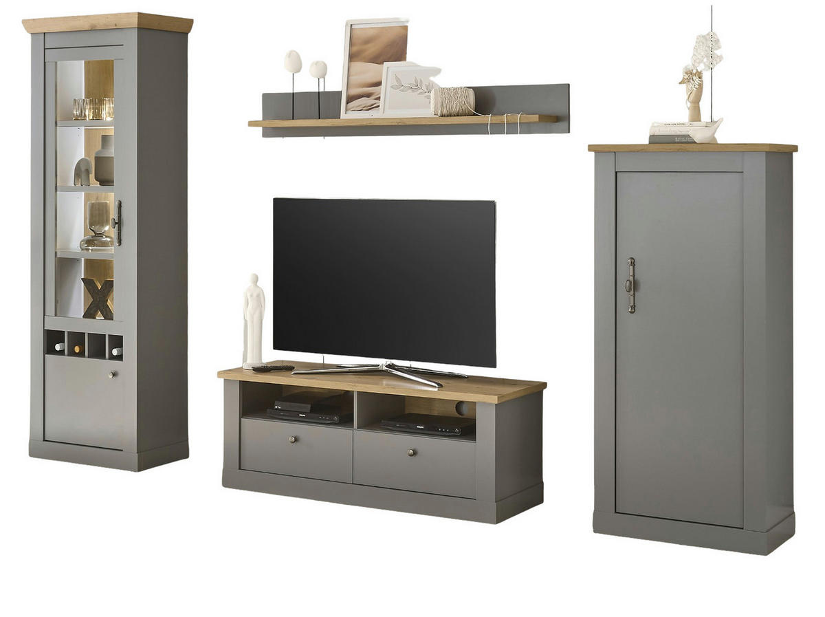 WOHNWAND grau, Artisan Eiche 4-teilig 291 cm, Wohnkombination im Landhaus-Stil - Silberfarben/Hellgrau, Glas/Holzwerkstoff (291/201/44cm) - Furn.Design