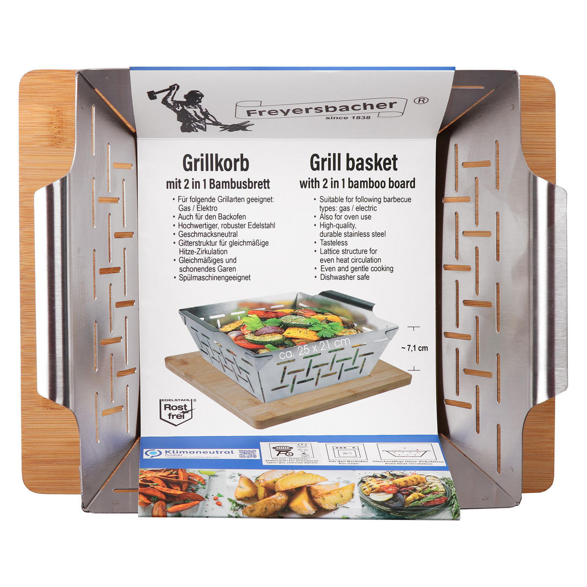 GRILLKORB AUS EDELSTAHL MIT 2 IN 1 BAMBUSBRETT - Edelstahlfarben, Metall (29.6/23.1/10.8cm) - Stoneline