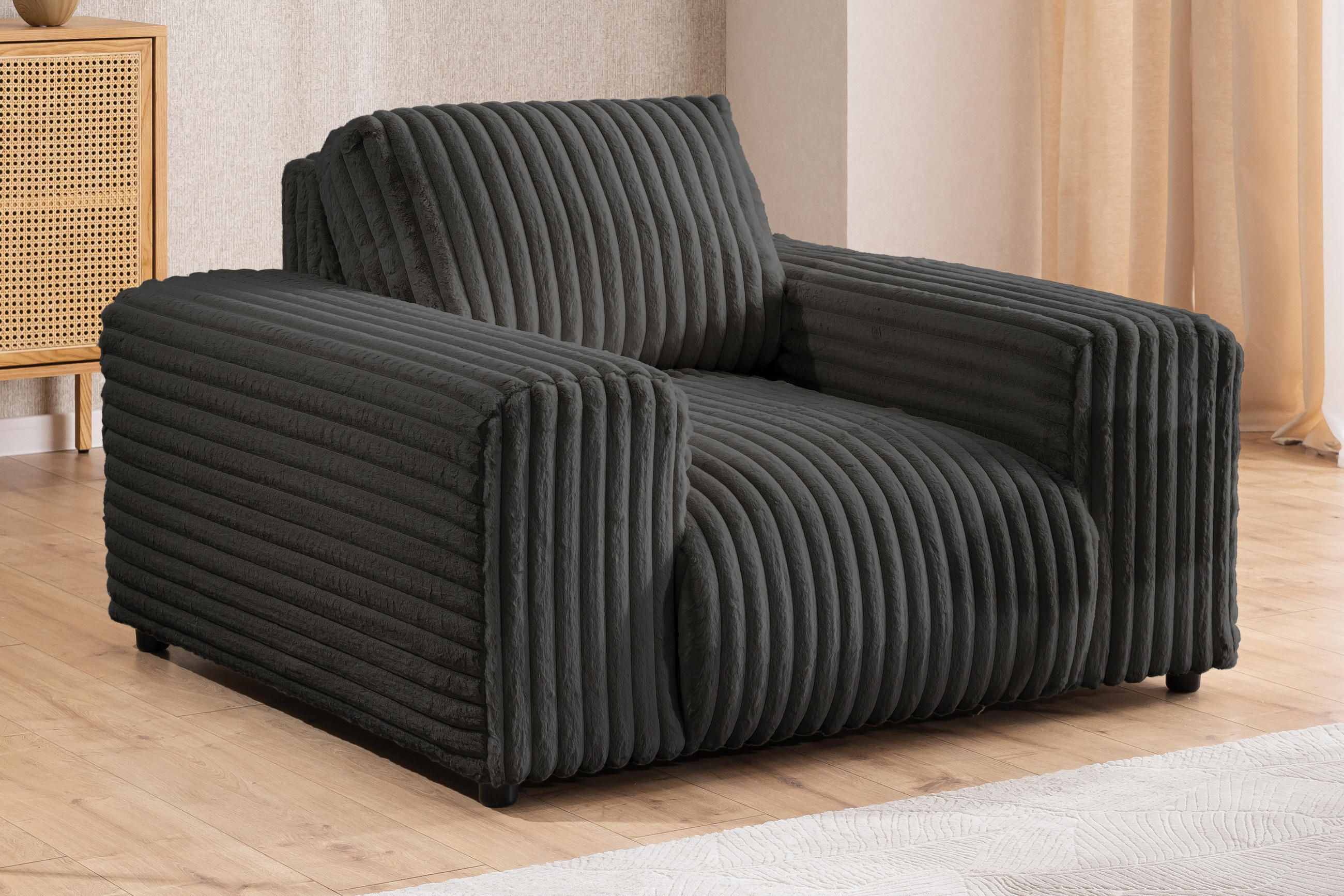 SESSEL Mollis Dunkelgrau Plüschcord - Dunkelgrau/Schwarz, Holz/Kunststoff (119/79/108cm) - S-Style Möbel