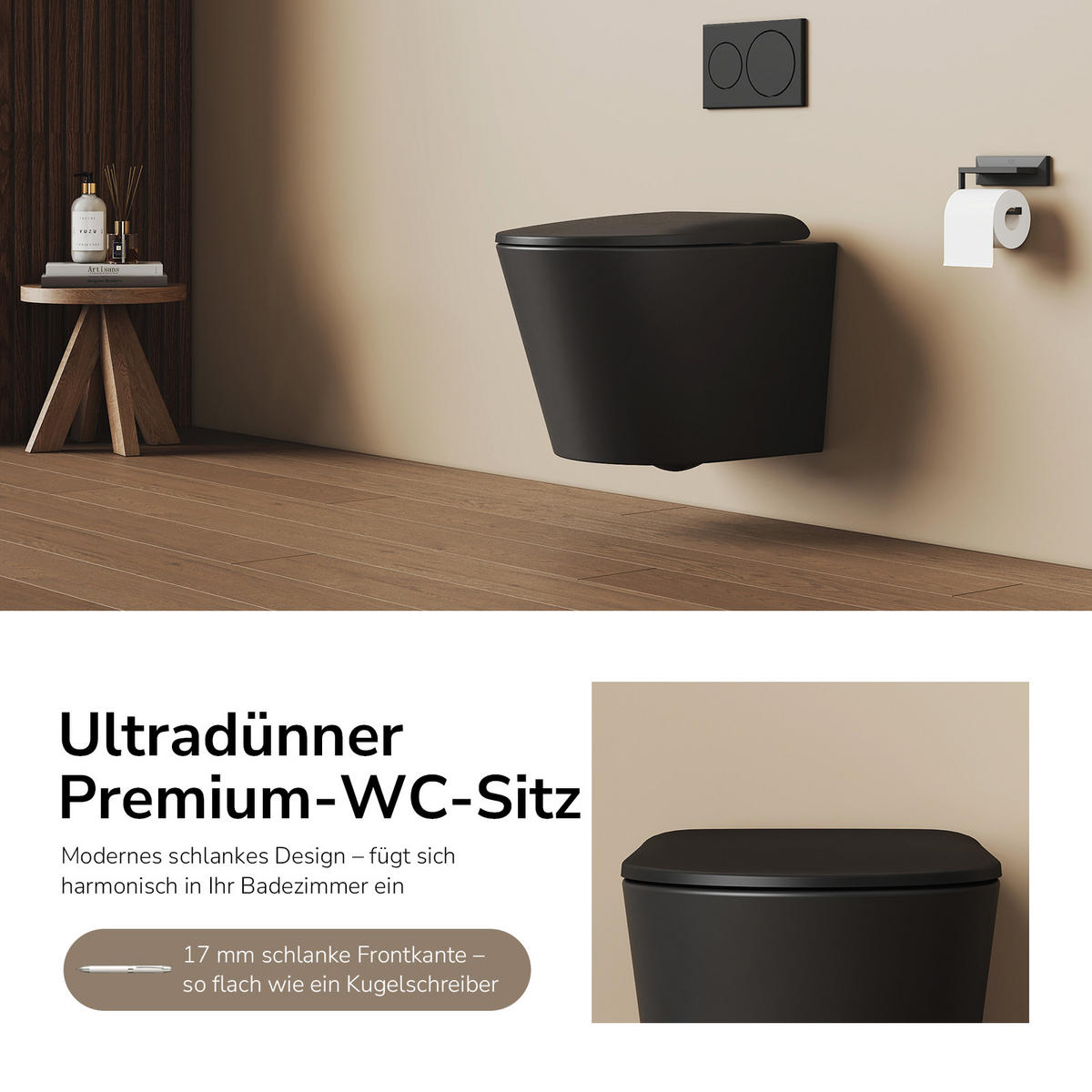 WAND-WC Set 49 x 36,5 cm inkl. WC-Sitz mit Absenkautomatik schwarz matt - Schwarz, Keramik (36.5/36/49cm) - EMKE