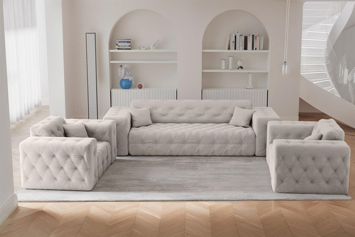 SOFASET Chantal In Moly - Creme, Holzwerkstoff/Textil (251/78/96cm) - Fun Möbel