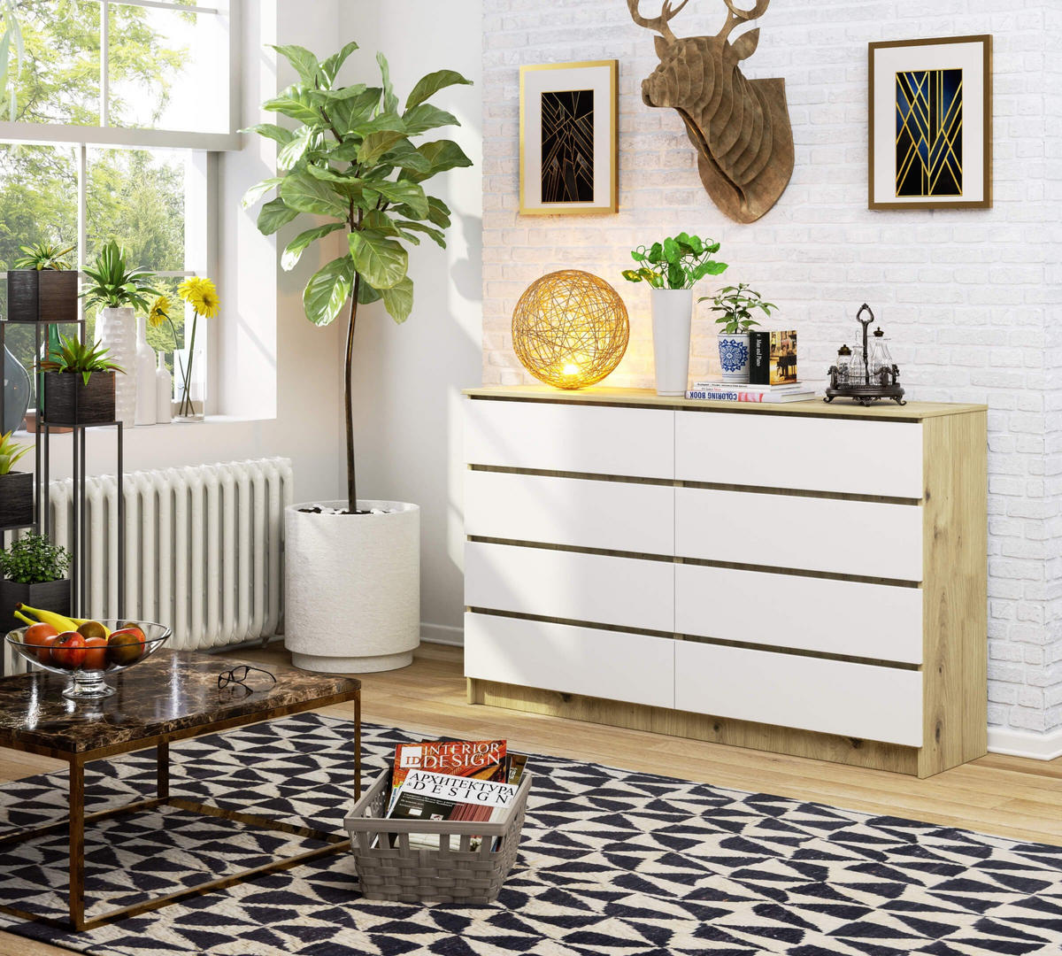 KOMMODE Eiche Artisan, Weiß 99/160/40 - Eiche Artisan/Weiß, Holzwerkstoff (160/99/40cm) - RAUMHIRSCH FURNITURE